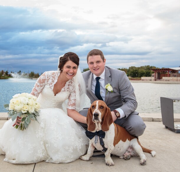 Bride, groom, dog Wedding at Centennial Park
