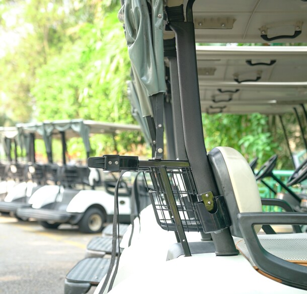 Golf carts parked outside a golf club