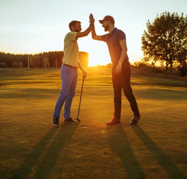 twosome guys on the golf course high fiving at sunset